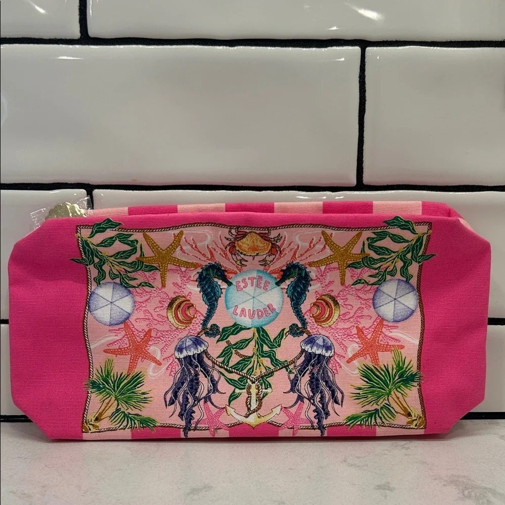 Estee Lauder Vibrant Pink Seahorse Coastal Beach Multicolor Cosmetic Bag NWOT‎